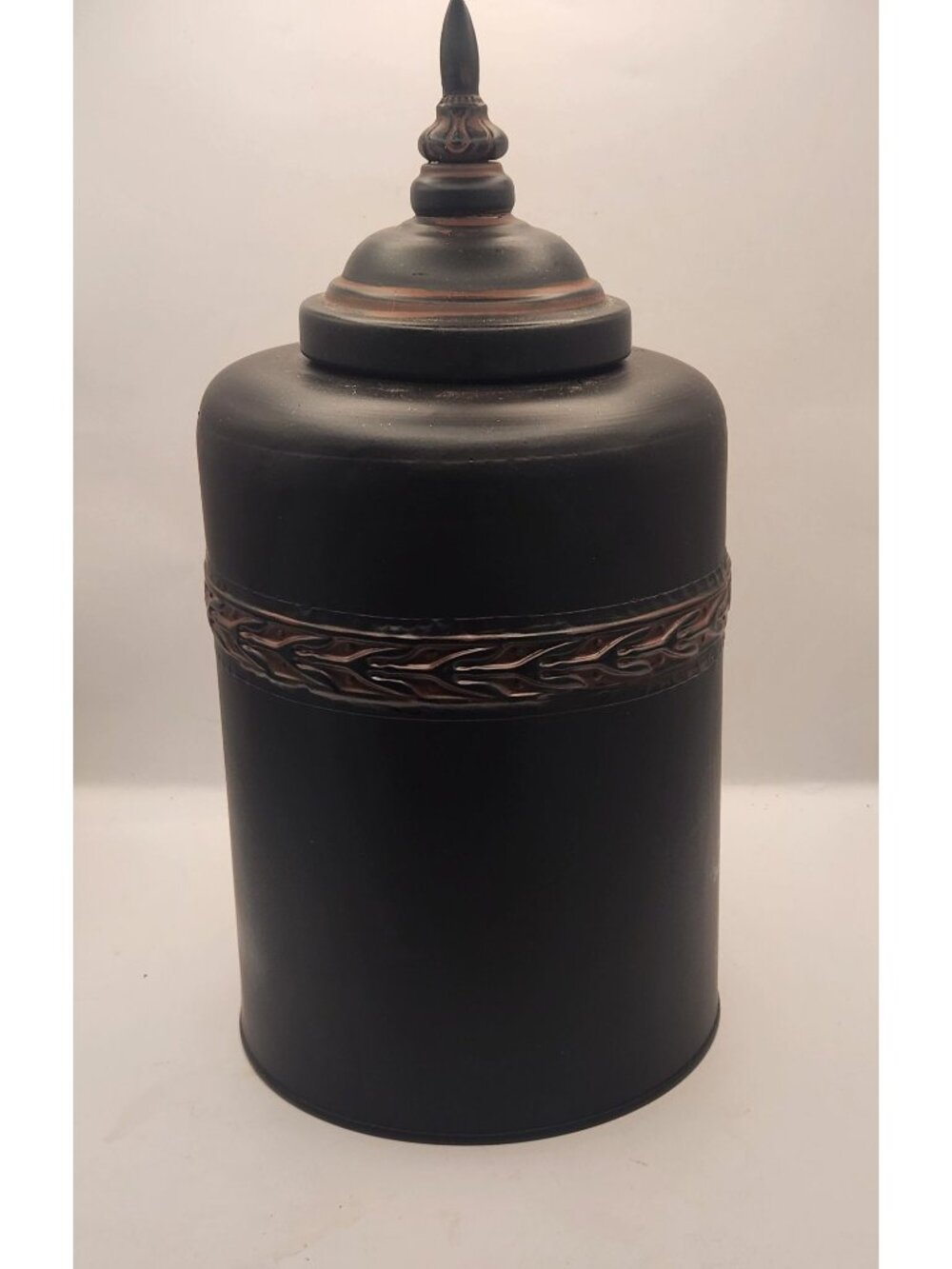 Black Decorative Metal Canister With Ornate Copper Band And Finial Lid 12" Tall